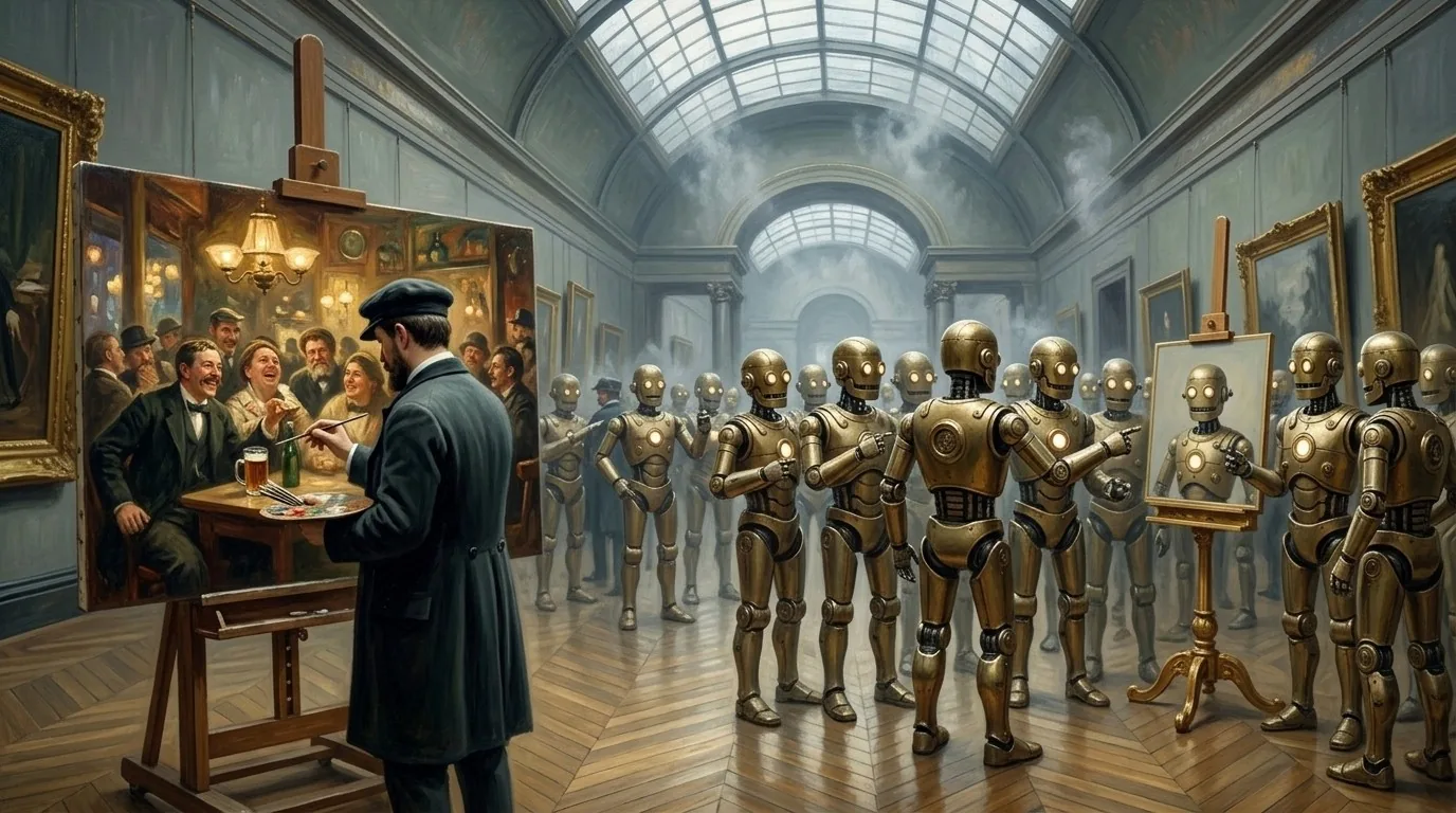 Un peintre crée une scène vivante et originale pendant qu'une foule de robots identiques peint des portraits de robots identiques : vos équipes font la différence, pas l'uniformité de l'IA